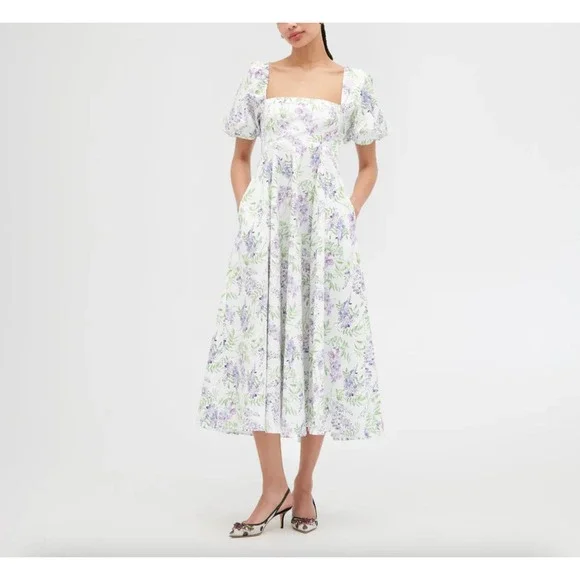 NWT Hill House Sz XS Matilda Midi Dress Wisteria White Floral Bridgerton Cottage - Picture 1 of 14